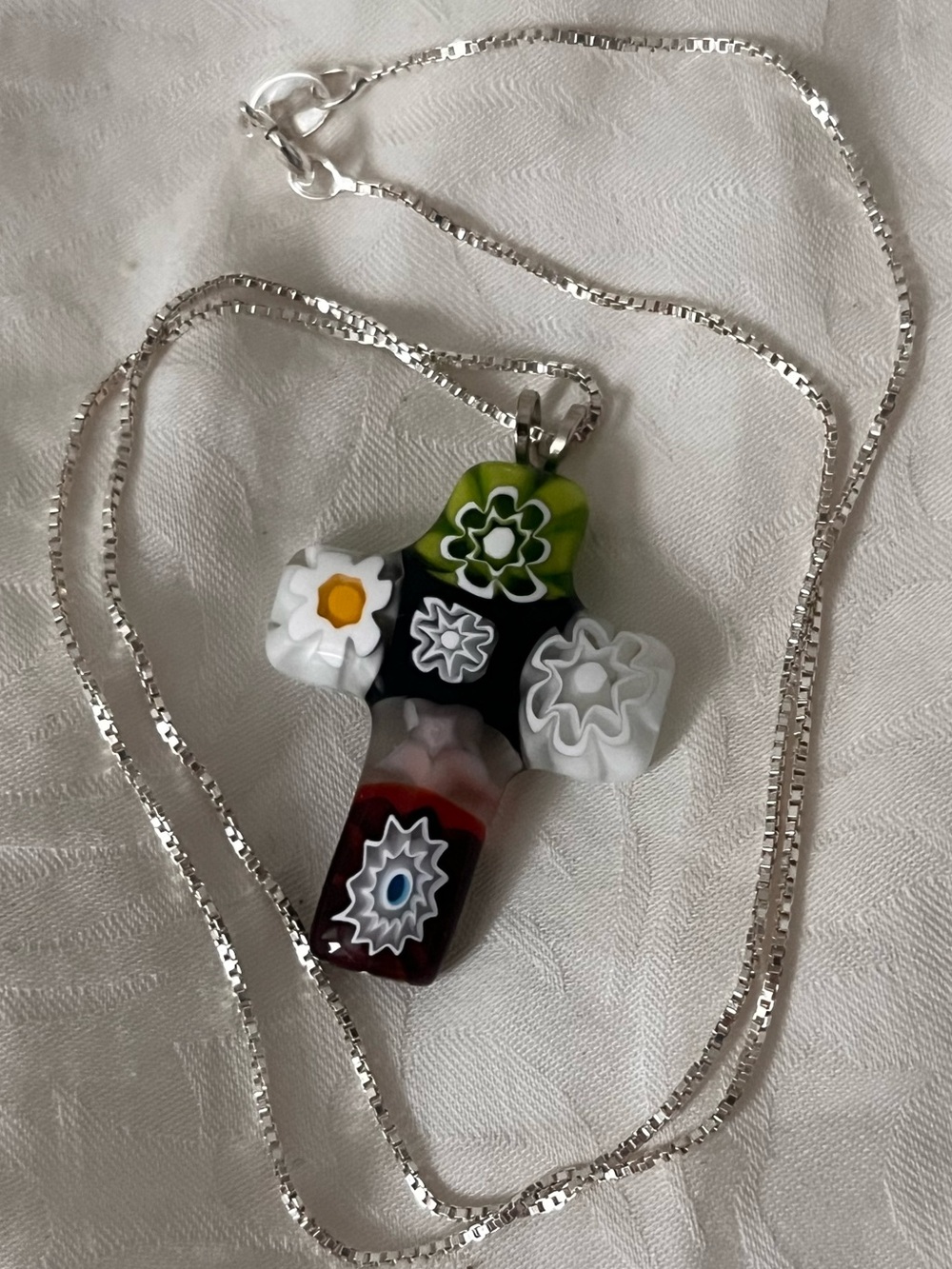 ❤️Vintage Floral Millefiori Glass Cross Pendant 925 Sterling Silver Necklace